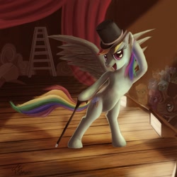 Size: 810x810 | Tagged: safe, artist:tsitra360, rainbow dash, pegasus, pony, bipedal, cane, crowd, female, hat, mare, stage, top hat