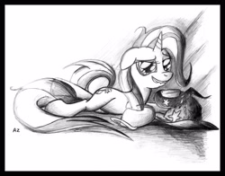 Size: 3443x2700 | Tagged: safe, artist:uminanimu, derpibooru import, trixie, lip bite, monochrome, solo, traditional art