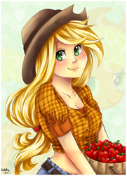 Size: 370x510 | Tagged: safe, artist:nataliadsw, applejack, earth pony, human, pony, apple, female, food, humanized, looking at you, mare, midriff, smiling, solo