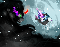 Size: 1024x795 | Tagged: safe, artist:erinliona, king sombra, shining armor, pony, umbrum, unicorn, scene interpretation, snow, snow goggles, snowfall