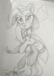 Size: 1888x2643 | Tagged: safe, artist:ohno, derpibooru import, trixie, pony, unicorn, cape, clothes, cutie mark, female, grayscale, hat, mare, monochrome, sketch, solo, starry eyes, stockings, thigh highs, tongue out, traditional art, trixie's cape, trixie's hat, wingding eyes