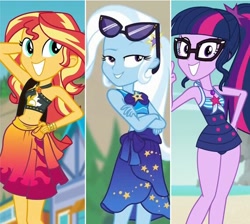 Size: 570x510 | Tagged: safe, derpibooru import, edit, screencap, sci-twi, sunset shimmer, trixie, twilight sparkle, better together, equestria girls, forgotten friendship, arm behind head, clothes, crossed arms, female, magical trio, sarong, sunglasses, swimsuit