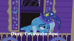 Size: 1280x720 | Tagged: safe, derpibooru import, edit, edited screencap, screencap, trixie, unicorn, to where and back again, clothes, dialogue, female, hat, image macro, meme, solo, tired, trixie yells at everything, trixie's hat, trixie's wagon