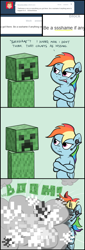 Size: 660x1949 | Tagged: safe, artist:flavinbagel, rainbow dash, pegasus, pony, ask, ask gamer ponies, bipedal, comic, creeper, death, explosion, female, headset, mare, minecraft