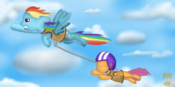 Size: 2500x1250 | Tagged: safe, artist:timidusartifex, rainbow dash, scootaloo, pegasus, pony, duo, female, filly, flying, flying lesson, harness, helmet, mare, scootaloo can't fly, scootalove, sky, towing