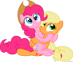 Size: 1390x1184 | Tagged: safe, artist:stupidlittlecreature, applejack, pinkie pie, earth pony, pony, accessory swap, applepie, female, hat, hug, interrupted, kissing, lesbian, looking up, mare, shipping, simple background, sitting, transparent background, vector