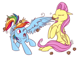 Size: 1600x1200 | Tagged: safe, artist:pashapup, fluttershy, rainbow dash, pegasus, pony, burrs, duo, eyes closed, female, floppy ears, mare, mouth hold, one wing out, simple background, stingbush seed pods, transparent background