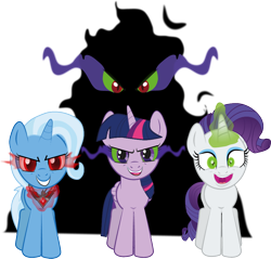 Size: 928x886 | Tagged: safe, artist:raggyrabbit94, derpibooru import, king sombra, rarity, trixie, twilight sparkle, twilight sparkle (alicorn), alicorn, pony, umbrum, unicorn, inspiration manifestation, alicorn amulet, dark magic, female, inspirarity, join us, magic, mare, simple background, sombra eyes, transparent background