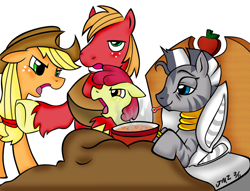 Size: 800x611 | Tagged: safe, artist:elosande, artist:jmz, apple bloom, applejack, big macintosh, zecora, earth pony, pony, zebra, argument, bed, bowl, colored, discussion, female, filly, floppy ears, male, mare, sick, simple background, smiling, soup, stallion, thermometer, white background