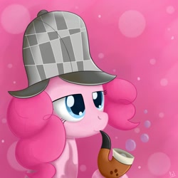 Size: 2000x2000 | Tagged: dead source, safe, artist:polkin, pinkie pie, earth pony, pony, mmmystery on the friendship express, abstract background, bubble, bubble pipe, deerstalker, detective, female, hat, high res, mare, pipe, solo