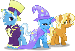 Size: 5998x4123 | Tagged: safe, artist:vector-brony, derpibooru import, idw, jack pot, sunflower spectacle, trixie, pony, unicorn, grannies gone wild, absurd resolution, clothes, family, female, idw showified, jacktacle, looking at you, male, mare, raised hoof, simple background, smiling, smirk, stallion, transparent background, trio, trixie's parents, vector