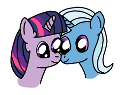 Size: 724x556 | Tagged: safe, artist:orddiffeqn, derpibooru import, trixie, twilight sparkle, pony, unicorn, bust, cropped, female, lesbian, looking at each other, mare, shipping, simple background, smiling, twixie, white background