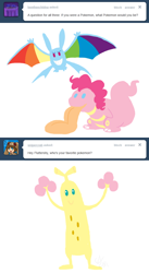 Size: 654x1193 | Tagged: dead source, safe, artist:cartoonlion, fluttershy, pinkie pie, rainbow dash, ask, colored wings, crobat, crossover, flutterdashpie, fluttertree, lickitung, multicolored wings, pokefied, pokémon, rainbow wings, simple background, species swap, sudowoodo, white background