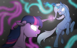 Size: 1170x720 | Tagged: safe, artist:pegasus20101000, derpibooru import, trixie, twilight sparkle, fight, glowing eyes, magic