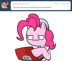 Size: 650x550 | Tagged: safe, artist:flavinbagel, pinkie pie, earth pony, pony, ask, ask gamer ponies, computer, female, laptop computer, mare, simple background, solo, white background, yarmulke