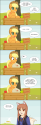 Size: 757x2315 | Tagged: safe, artist:devo87, applejack, earth pony, pony, apple, bits, comic, crossover, dialogue, female, horo, mare, shut up and take my money, spice and wolf, stall