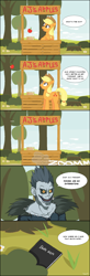 Size: 757x2315 | Tagged: dead source, safe, artist:devo87, applejack, earth pony, pony, apple, comic, crossover, death note, dialogue, female, food, mare, ryuk, shinigami, stall