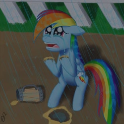 Size: 1000x1000 | Tagged: safe, artist:paradigmpizza, rainbow dash, pegasus, pony, cider, cider dash, crying, dilated pupils, female, floppy ears, mare, rain, sitting, solo