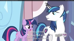 Size: 1920x1080 | Tagged: safe, screencap, shining armor, twilight sparkle, pony, unicorn, the crystal empire, horn crystals, youtube caption