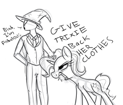 Size: 1108x949 | Tagged: safe, artist:nohooves, derpibooru import, trixie, oc, oc:anon, human, accessory swap, accessory theft, angry, drool, glare, monochrome, open mouth, sketch, trixie's hat, vulgar, yelling