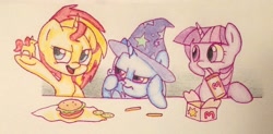 Size: 1205x591 | Tagged: safe, artist:razledazle, derpibooru import, sunset shimmer, trixie, twilight sparkle, twilight sparkle (alicorn), alicorn, pony, unicorn, burger, counterparts, cute, diatrixes, fast food, female, food, french fries, hamburger, happy meal, hoof hold, magical trio, mare, mcdonald's, shimmerbetes, toy, traditional art, trio, twiabetes, twilight's counterparts