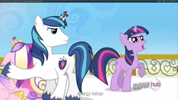 Size: 1920x1080 | Tagged: safe, screencap, shining armor, twilight sparkle, pony, unicorn, the crystal empire, horn crystals, youtube caption