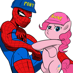 Size: 945x945 | Tagged: safe, artist:kinkycelestia, artist:megasweet, pinkie pie, earth pony, pony, bipedal, female, mare, simple background, spider-man, swag, white background