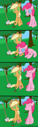 Size: 800x2630 | Tagged: safe, artist:loceri, applejack, pinkie pie, earth pony, pony, candy, comic, female, food, lollipop, mare, plant, planting, sapling, shovel, sitting, slice of life, smiling