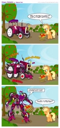 Size: 1340x2835 | Tagged: safe, artist:pixelkitties, applejack, earth pony, pony, robot, apple, comic, crossover, duo, female, food, mare, megatron, orchard, tractor, transformers, tree