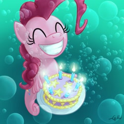 Size: 1280x1280 | Tagged: safe, artist:giantmosquito, pinkie pie, sea pony, seahorse, bubble, cake, candle, eyes closed, female, hilarious in hindsight, how, pinkie being pinkie, pinkie physics, seapony pinkie pie, smiling, solo, species swap, underwater