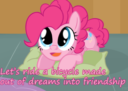 Size: 836x600 | Tagged: safe, artist:tex, pinkie pie, earth pony, pony, cute, female, mare, pillow, prone, solo