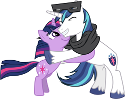 Size: 5590x4460 | Tagged: safe, artist:90sigma, shining armor, twilight sparkle, pony, unicorn, absurd resolution, hug, simple background, snow goggles, transparent background, vector