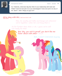 Size: 652x799 | Tagged: dead source, safe, artist:cartoonlion, big macintosh, fluttershy, pinkie pie, rainbow dash, earth pony, pegasus, pony, ask, female, flutterdashpie, fluttermac, male, mare, no pupils, shipping, simple background, stallion, straight, white background