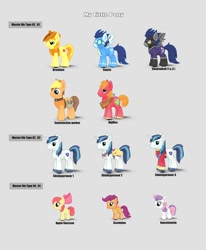 Size: 1234x1500 | Tagged: safe, apple bloom, big macintosh, braeburn, descent, rivet, scootaloo, shining armor, soarin', sweetie belle, alicorn, earth pony, pegasus, pony, unicorn, alicornified, clothes, costume, cutie mark crusaders, dress uniform, female, filly, gameloft, goggles, gray background, male, race swap, shadowbolts, shadowbolts costume, simple background, stallion, sweetiecorn, uniform, unshorn fetlocks, wonderbolts uniform