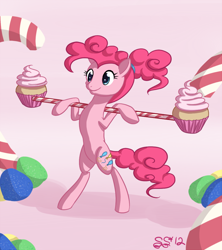 Size: 800x899 | Tagged: safe, artist:alipes, pinkie pie, earth pony, pony, alternate hairstyle, bipedal, cupcake, exercise, female, food, mare, solo, weight lifting