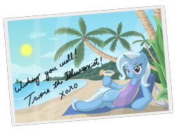 Size: 4500x3400 | Tagged: safe, artist:template93, derpibooru import, trixie, pony, unicorn, beach, clothes, commission, drink, female, mare, ocean, one-piece swimsuit, palm tree, postcard, solo, swimsuit, tree