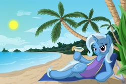 Size: 4500x3000 | Tagged: safe, artist:template93, derpibooru import, trixie, pony, unicorn, beach, clothes, drink, female, mare, ocean, one-piece swimsuit, palm tree, solo, swimsuit, tree