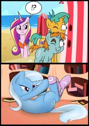 Size: 684x960 | Tagged: safe, artist:mcsadat, derpibooru import, princess cadance, snails, snips, trixie, alicorn, pony, unicorn, clothes, exploitable meme, female, mare, meme, snips and snails spying meme, socks, swimsuit