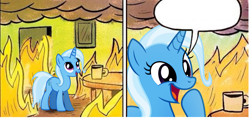 Size: 2258x1078 | Tagged: safe, artist:naijiwizard, derpibooru import, edit, trixie, unicorn, comics, exploitable, exploitable meme, female, fire, meme, meme template, open mouth, smiling, solo, speech bubble, this is fine