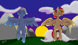 Size: 1024x600 | Tagged: safe, artist:bibblebop, derpibooru import, sunset shimmer, trixie, alicorn, pony, alicornified, flying, mirror universe, race swap, shimmercorn, trixiecorn