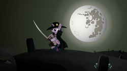 Size: 5541x3129 | Tagged: safe, artist:icaron, derpibooru import, derpy hooves, twilight sparkle, pegasus, pony, crossover, female, mare, mare in the moon, moon, show accurate, sword, vampire hunter d