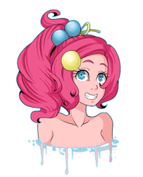 Size: 480x590 | Tagged: safe, artist:ssenarrya, pinkie pie, human, bare shoulder portrait, bare shoulders, female, humanized, simple background, solo, transparent background