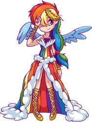 Size: 490x647 | Tagged: safe, artist:fizzy-dog, rainbow dash, human, clothes, dress, female, gala, gala dress, humanized, one eye closed, solo, winged humanization