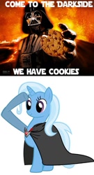 Size: 527x973 | Tagged: safe, derpibooru import, trixie, human, alicorn amulet, bribary, cookie, dark side, darth vader, food, life support, meme, salute, sith, star wars, temptation