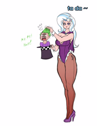 Size: 2935x3823 | Tagged: safe, artist:franschesco, derpibooru import, spike, trixie, human, breasts, bunny out of the hat, clothes, duo, female, hat, high heels, horned humanization, humanized, leotard, looking at you, magic trick, male, shipping, shoes, simple background, spixie, straight, titsie, top hat, white background