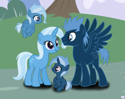 Size: 1024x814 | Tagged: safe, artist:igzzy, derpibooru import, star hunter, trixie, oc, oc:galactic spell, oc:mythic star, pegasus, pony, unicorn, background pony, crack shipping, family, female, filly, foal, male, mare, parent:star hunter, parent:trixie, parents:trixhunter, shipping, stallion, straight, trixhunter