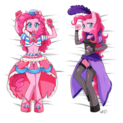 Size: 1200x1200 | Tagged: safe, artist:skykain, pinkie pie, anthro, unguligrade anthro, belly button, black underwear, blushing, body pillow, body pillow design, breasts, clothes, cute, diapinkes, dress, female, fishnet stockings, gala dress, looking at you, midriff, on back, panties, saloon pinkie, skirt, solo, underwear, upskirt, white underwear