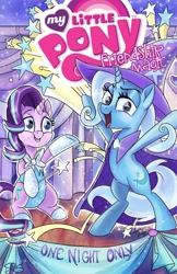 Size: 1325x2048 | Tagged: safe, artist:sophieascruggs, derpibooru import, idw, starlight glimmer, trixie, pony, unicorn, spoiler:comic, spoiler:comic69, assistant, cape, clothes, comic cover, cover, duo, female, hat, leotard, magic show, shipping fuel, stage, trixie's cape, trixie's hat, wand