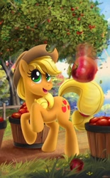 Size: 743x1200 | Tagged: safe, artist:mew, applejack, earth pony, pony, apple, apple tree, crepuscular rays, female, mare, motion blur, rearing, smiling, solo, tree