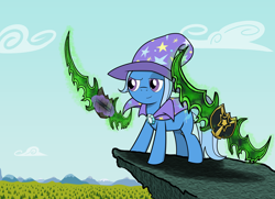 Size: 6422x4640 | Tagged: safe, artist:bruinsbrony216, derpibooru import, trixie, pony, unicorn, absurd resolution, cape, clothes, female, glaive, illidan stormrage, magic, mare, raised eyebrow, smiling, smirk, solo, telekinesis, warcraft, warglaives of azzinoth, world of warcraft